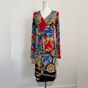 BOLD ELEMENTS, Versace-style Long-Sleeve Wrap Dress in Black, Blue & Red, Size M